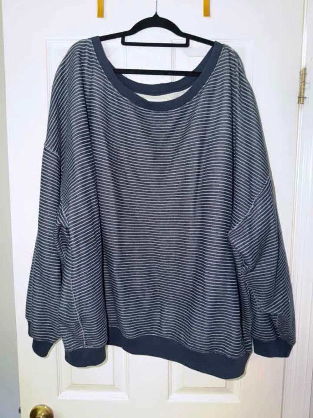 AE Striped Navy and White Women's Off-Shoulder Sweater
